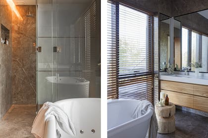 En el baño principal: piso y revestimiento de paredes de porcelanato ‘San Pietro Monalisa’ (Navarro Ache), mueble de petiribí (MAP Carpintería), banco de madera (Rancho Deco).