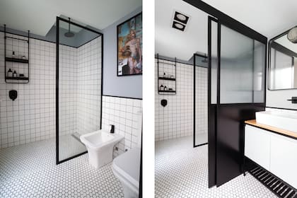 En el baño, cerámicos (Acuarela), planchas panal (Mercado Libre), grifería ‘Epuyen’ (FV), espejo (Zonda Muebles) y lámpara vintage.