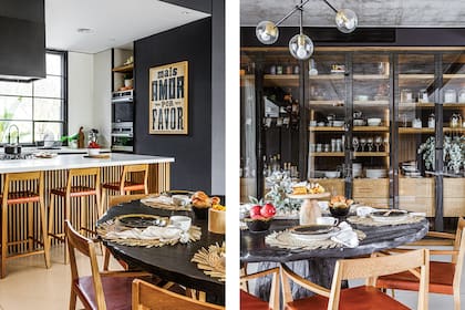 Mesa redonda de tronco quemado (Estudio LODD). Vajilla y decoración de la mesa (Ónix). Sillas y banquetas de petiribí con asiento de cuero tostado (Pasto Home). Lámpara colgante (Vint Market).