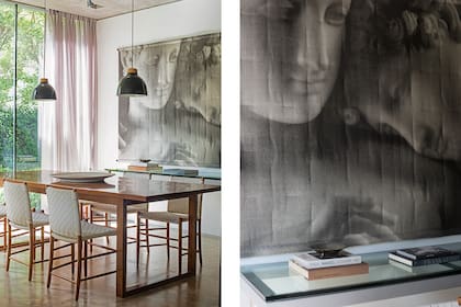 Mesa de comedor (Bacano) con sillas ‘Shaker’ (De Padova). El tapiz de 2,50m ‘Venus y Adonis’ es obra del italiano Enzo Mari para De Padova (Gris Dimensión).