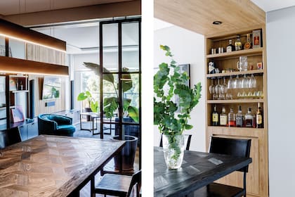 La mesa (Landmark) tiene 2m de largo, su tapa se asocia con el parquet y las patas no molestan la ubicación de las sillas 'Lupa' (Lacroze Design Studio). Lámpara colgante (Alvar Iluminación).