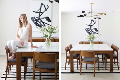 Clara Vidal Raffo junto a la mesa de comedor, juego de sillas y vajillero (Coelho & Coelho). Alfombra ‘Rayada’ (Elementos Argentinos). Aplique de luz (Estudio Molé). Obra en lienzo (Bimbi Larraburu).