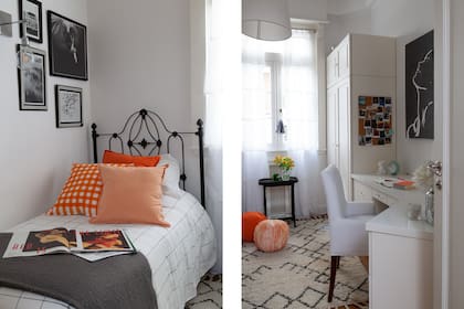 Fotos enmarcadas (Te Voy a Estampar). Textiles y almohadones bombón (Mercedes Segura). Alfombra (Zara Home). Mora es autora de la obra sobre lino gris que pintó en el taller de su mamá.