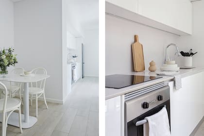 Mesa de comedor con tapa de Dekton símil Calacatta (@savia.di) y sillas Thonet traídas de la casa anterior.