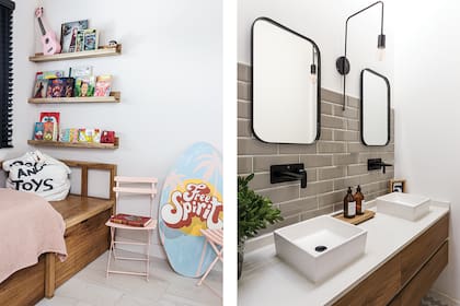 En el baño, grifería negra a la pared (FV). Espejos con bordes de hierro (Tienda Quadrat), alzadas de cerámicos de colores (Syria Cerámicos), apliques (Sena Iluminación).
