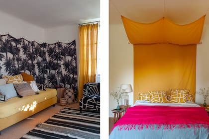 Sobre la cama, dosel amarillo de gran presencia.