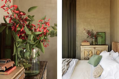 En el dormitorio, la cama (Fernando Battilana) con respaldo de cuero (Cecilia Lagos) está vestida con una manta tejida (Carolita Home). Cómoda vintage (Pasión Chic).