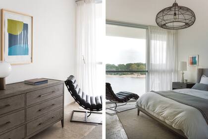 Cortinas de gasa de lino, piezas cerámicas (Blau), cuadros de Pati Fernández Graña (Black Gallery) y, en la cómoda, lámpara ‘Laguna Tavolo’ (Artemide).