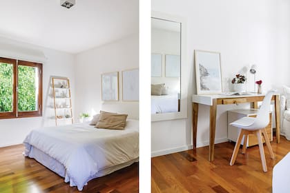 Estantería y mesa de luz en paraíso (ambas de Tienda Vainilla), respaldo de cama forrado (Masai Deco), escritorio (Las Marinas) y lámpara (San Isidro Luz).