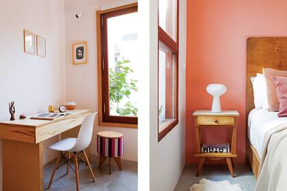 Tocador con tapa rebatible –de diseño propio–, silla estilo Eero Saarinen y banco ‘Chupito’ con patas (Pomada).
