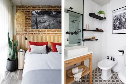 “Al tronquito le pusimos ruedas para acceder con comodidad a los cajones bajo la cama”, explica Andrea Camacho. Luz de lectura (Iluminación Online). En el baño, espejo y mampara (Binomio, Arquitectura). Griferías (FV).