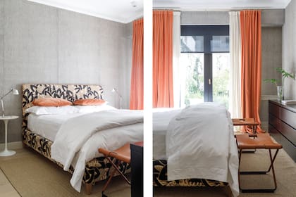 Cama hecha por el tapicero de Martina con respaldo y base en una tela de Caro Deane. Lo único que siempre es blanco son las sábanas (Angelina Linen). Banqueta ‘Morondanga’ (Eugenio Aguirre).