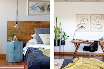 Respaldo de madera (Net Muebles). Cuadro (Michelle Dabul). Ropa de cama (Gutiérrez Deco). Mesas de luz (Bull). Lámparas sobre las mesas de noche, compradas en viaje. Jarra y florero de vidrio (Casa María Paula).
