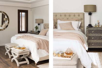 Respaldo de cama ‘Adler’ en lino beige y las poltronas al pie de cama (todo de Landmark).