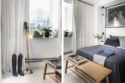 Ropa de cama (Ramos Generales). Almohadones y banco de madera al pie (todo de Good Luck Casa). Orquídeas (Vivero Marisel). Cortinas de gasa de pared a pared tipo telón (Guadalupe Diez).
