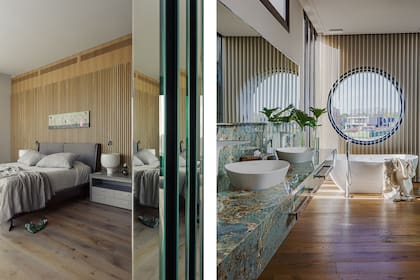 Mesada revestida con porcelanato italiano símil mármol ‘Étoile Illusion’, en placas de 2,40x1,20m (SBG). Grifería y piletas (Duravit).