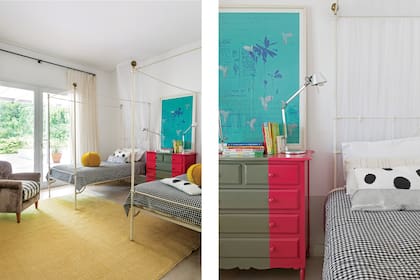 Alfombra amarilla de lana (Rug It). Sobre la cómoda pintada por los dueños de casa, otra obra de Teresa Magrane.