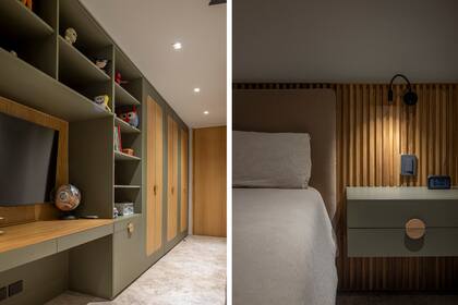 El respaldar de cama está hecho en petiribí embarillado. Tiene mesitas de luz suspendidas, combinadas con el verde safari del gran mueble.