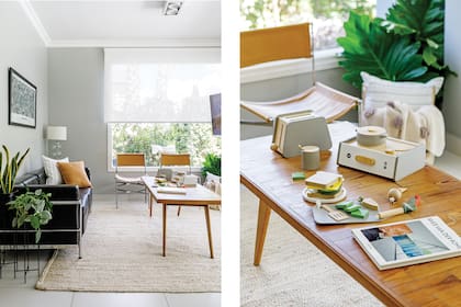 En el estar, sillón estilo Le Corbusier con almohadones (Lote Propio). Lámpara (Red Sur). Mesa de pino tea y sillas (Antigüedades El Viejo Taller). Juguetes de madera (Lola y Chango). Macetas con plantas (Ciudad Naturaleza).