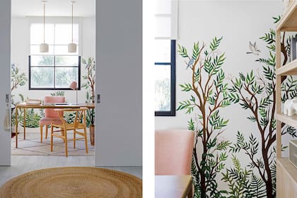 El mural de verdes intensos y pájaros es de la artista Paula Gasparini.