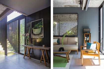En hall, florero de vidrio verde (Tupé Home). Sillones y mesa ratona (Eugenio Aguirre). Almohadones (Pezkoi Deco).
