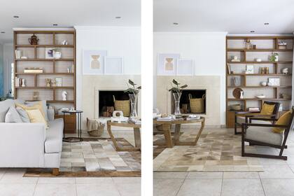 El frente del hogar está revestido con mármol pulido ‘New beige’ (Canteras del Mundo). Sillones individuales y sofá de jacquard ‘Linen’ color plata (Dellacasa). Mesa ratona heredada.