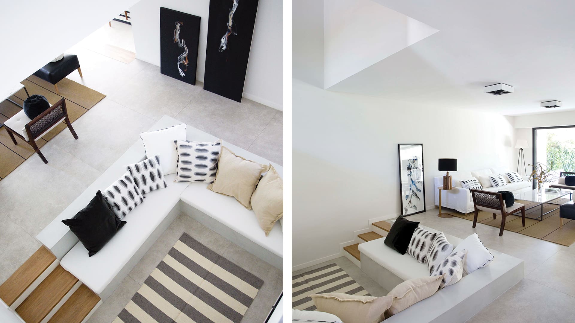 Fotos de un living con chimenea y baco hecho en obra con almohadones y alfombra rayada.