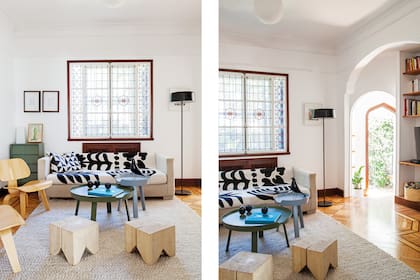 Mesas bajas de madera laqueada hechas a pedido. La alfombra ‘Nimbos Grey’ de Mihran se eligió por ser mullida, para sentarse en el piso.