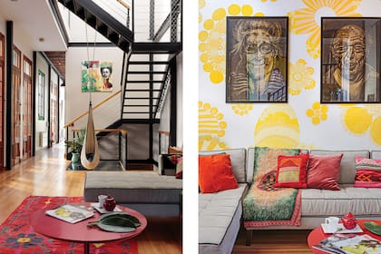 Mural y retratos en carbonilla de la serie ‘Madurez’ (Marisa Frate). Tapiz recuperado y almohadones traídos del Norte. Sillón (Poltron). Velador (La Merello). Hamaca (AmaKT). Cuadro ‘Frida Trend’ de la serie ‘Costuras’ (Marisa Frate).
