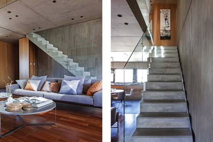 Las mesitas del living, iguales a la del comedor diario, tienen tapa de MDF laqueado y patas metálicas que toman la morfología y terminación de la estructura del sillón. Floreros traídos de un viaje a China y contenedores de junco, de África. Almohadones manchados (Agave Textiles).