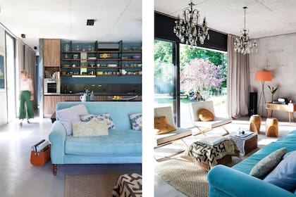 Sillones individuales comprados en Nueva York. Sofá de terciopelo aqua (La Decorería). Para los placares y alacenas se eligió madera oscura y veteada, símil nogal, en línea con los muebles de la casa y en pleno contraste con la frialdad del hormigón.