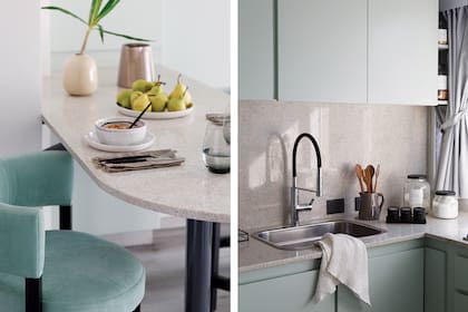 Mesada y alzada de granito ‘Kashmir White’ (Sildek Marmolería). Grifería (Piazza). Bacha (Johnson Acero). Especiero y cucharas de madera (Philippa Deco Boutique).