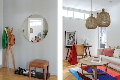 El recibidor se definió con un conjunto práctico y minimalista: bandeja laqueada negra (Arquitectura Danon Glaubart), banco, perchero y espejo (Tupé Home).