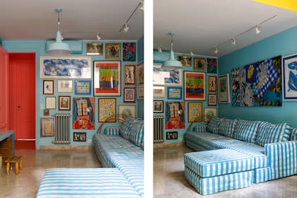 Sofá en L (Dado Tienda) con género cuadrillé (Luna/Oks); lámpara colgante y riel embutido (Concepto y Luz). Celeste ‘SW 6786 Cloudless’ (Sherwin Williams).