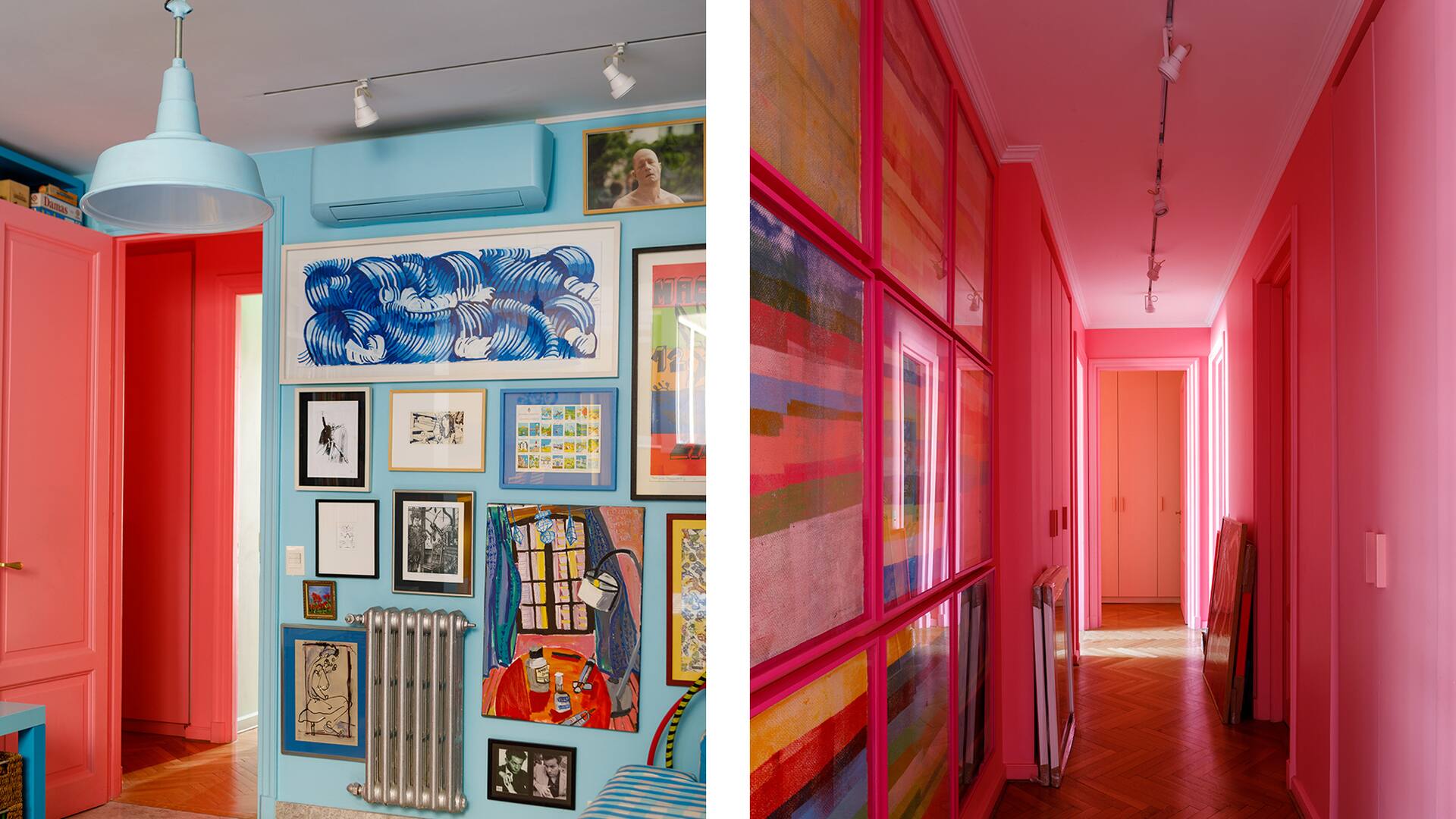 Fotos de un playroom y un pasillo pintado de rosa.