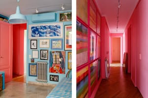 Fotos de un playroom y un pasillo pintado de rosa.