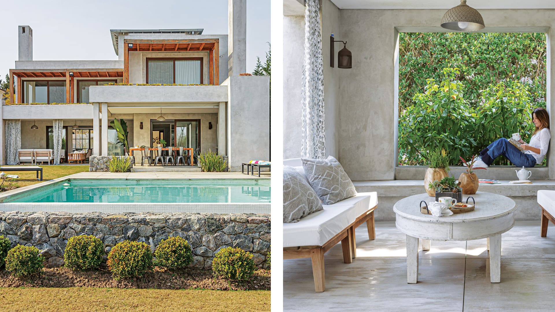 Fotos de una casa con jardín, pileta y galería.