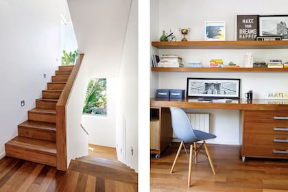 Como no podía ser de otro modo, la caja de la escalera también tiene aberturas que enmarcan el paisaje. En el cuarto del hijo varón, mueble con escritorio diseñado por Carla Bechelli Arquitectos.