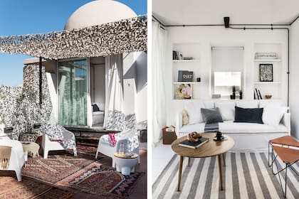 Afuera.: muebles de exterior en PVC (Casa The Stock). Toldo (Mechi Hunter). Adentro: Sofá (Casa The Stock). Mesa baja, almohadones, banquitos (todo de Good Luck Casa). Alfombra (Elementos Argentinos).