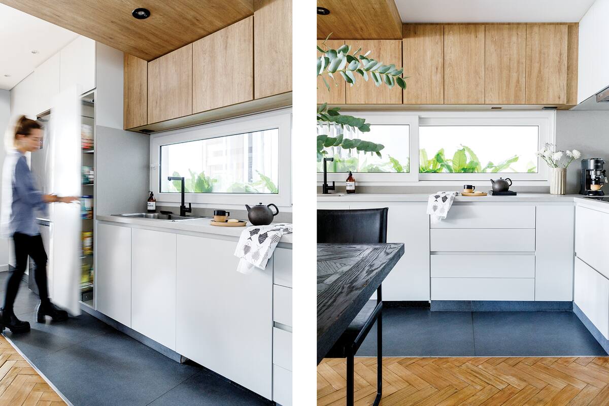 Fotos de una cocina con muebles a medida laqueados con el tono ‘Passive 7064’ (Sherwin Williams), el mismo de las paredes.