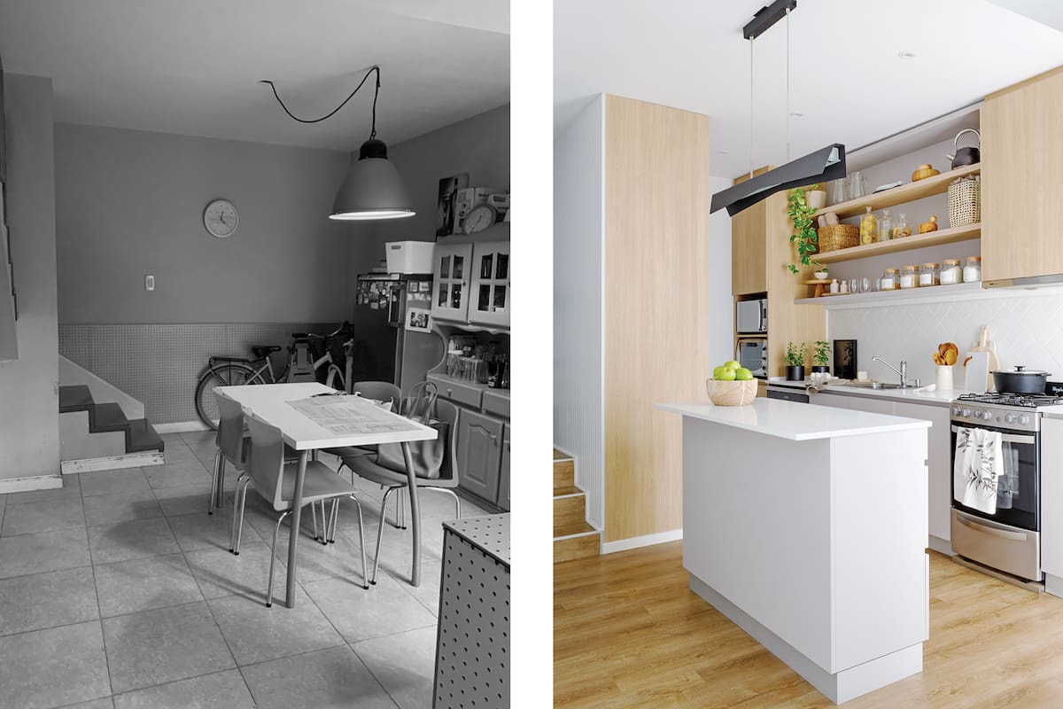 Fotos de una cocina con muebles de melamina ‘Roble Natural’ y con frentes laqueados en color gris.