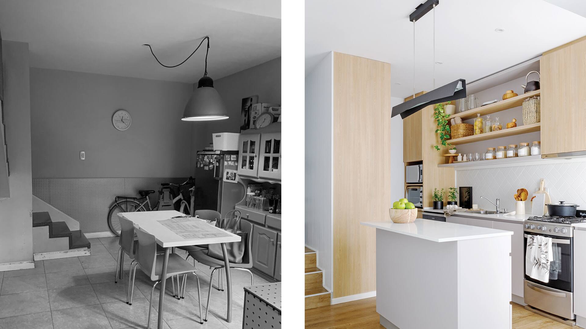 Fotos de una cocina con muebles de melamina ‘Roble Natural’ y con frentes laqueados en color gris.