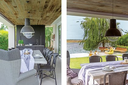 En el sector de parrilla, mesa y sillas (Negro) con mantel de lino (Lado Blanco Home), velas (Feddra Home) y platos enlozados (Bay Studio). En el techo, claraboyas cerradas con vidrio dejan pasar la luz.