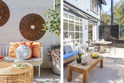Junto a los quinotos, otro living con capachos decorativos y mesita de ratán (todo de Salazar Casa).
