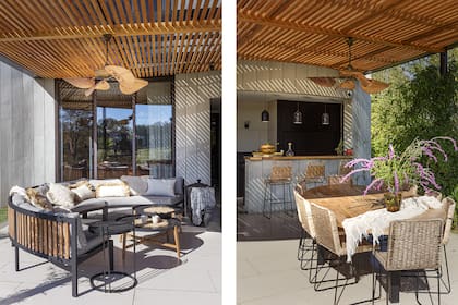 Sillones de hierro con respaldo de petiribí y tapicería ‘Panamá Outdoor’, mesas bajas con pie de petiribí y tapas de hierro (todo de Las Marinas). Almohadones (Rancho Deco). Ventiladores de techo (Desde Asia).