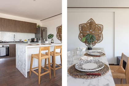 En la isla, individuales de seagrass (Claudia Adorno). Banquetas, sillas estilo ‘Wishbone’.