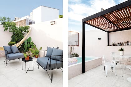 Mesa con base de hierro (Zonda Muebles) y tapa de terrazo (Pimux). Sillas compradas online y recicladas por los dueños de casa.