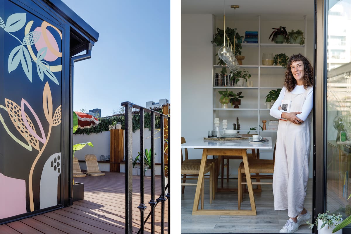 Fotos de una terraza renovada, con mural y comedor, en un PH.