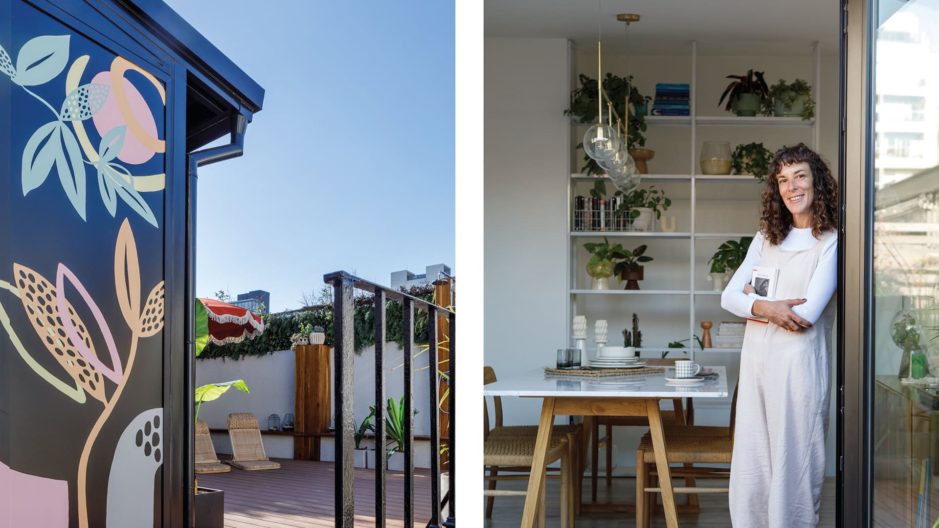 Fotos de una terraza renovada, con mural y comedor, en un PH.