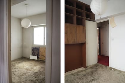 El que sería el cuarto infantil tenía piso alfombrado y pared lateral cubierta por un mueble de madera en mal estado.